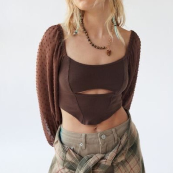 Urban Outfitters Puff Sleeve Blouse Women’s XS Chocolate Brown Cropped Boho Top - Picture 5 of 17